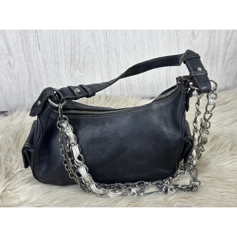 Vintage Lauren Ralph Lauren Black Leather Hobo Chain Bag Y2K Shoulder Purse